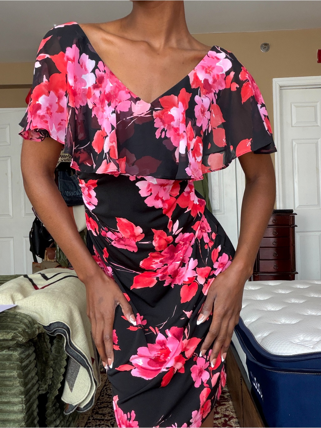 Connected Apparel Black Dress With Pink & Red Floral Print
